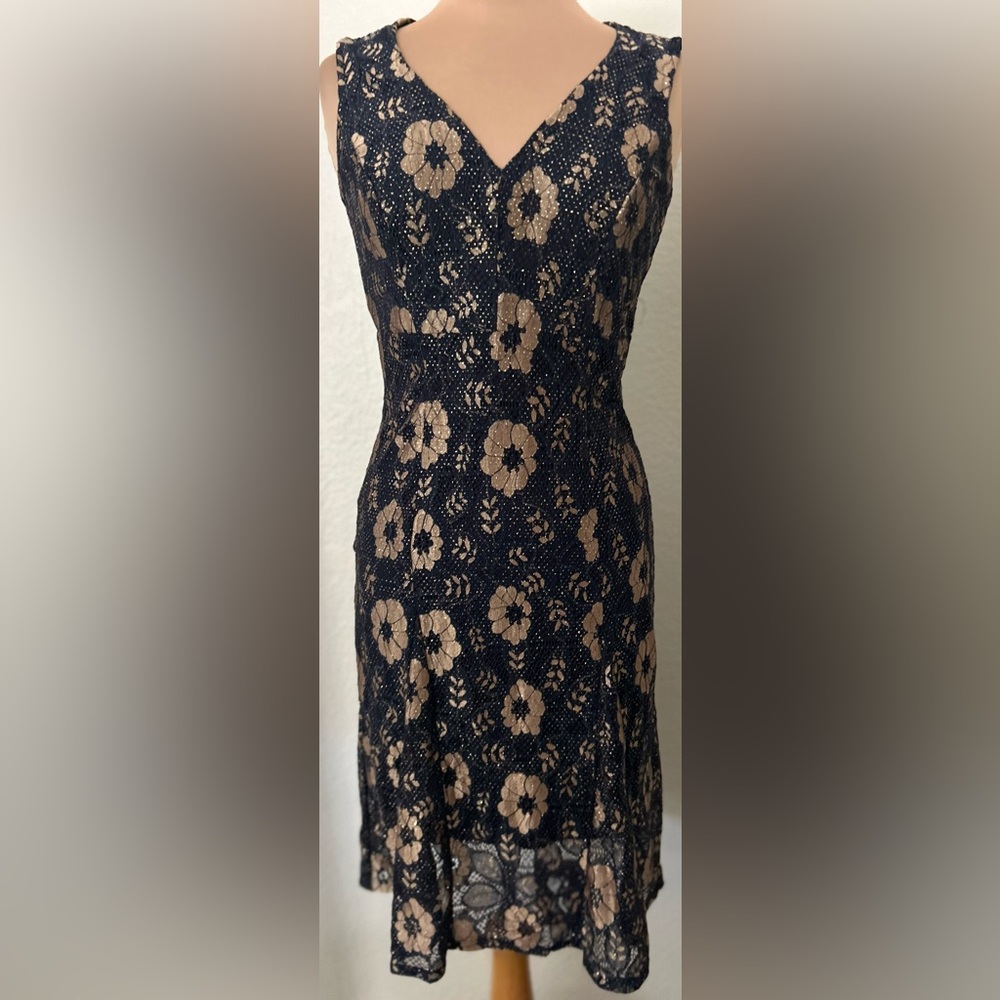 Enfocus Studio Navy and Beige Floral Lace Midi Dress